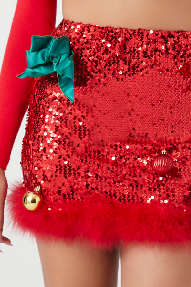 Christmas Bow & Ornament Sequin Mini Skirt - Image 12