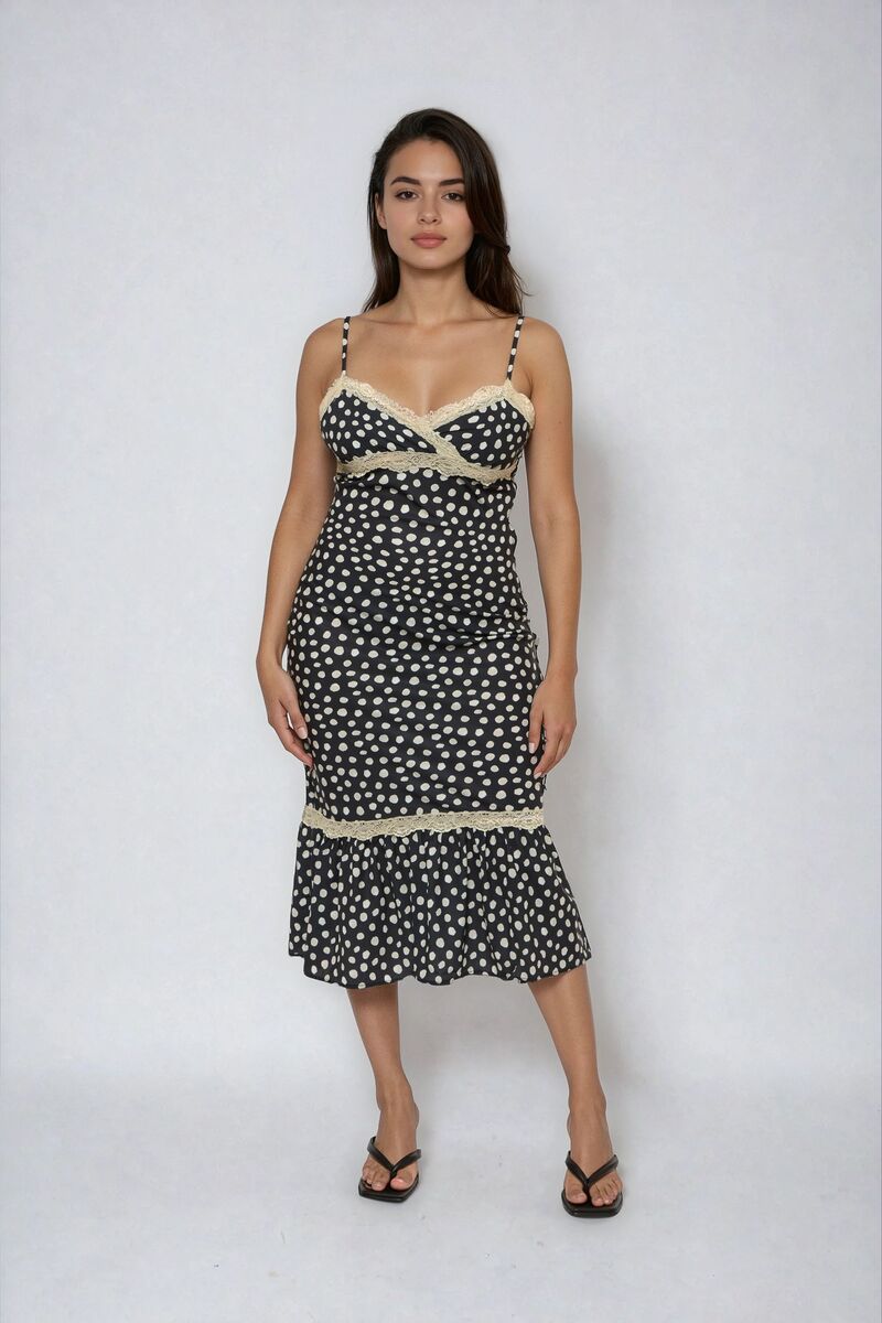 Polka Dot Lace-Trim Cami Midi Dress