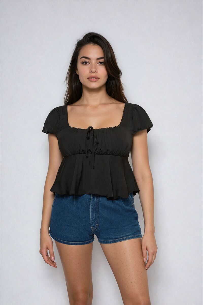 Satin Puff-Sleeve Peplum Crop Top - Image 4