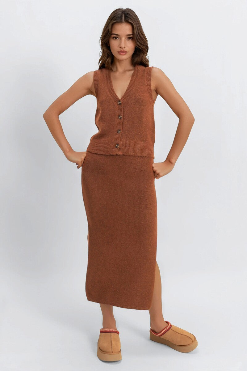 Button-Front Vest & Maxi Skirt Sweater Set - Image 10