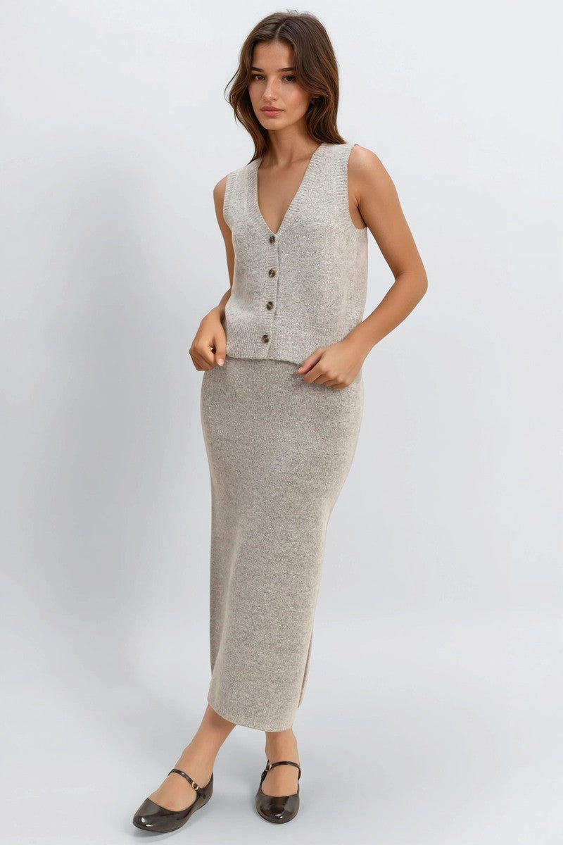 Button-Front Vest & Maxi Skirt Sweater Set - Image 3