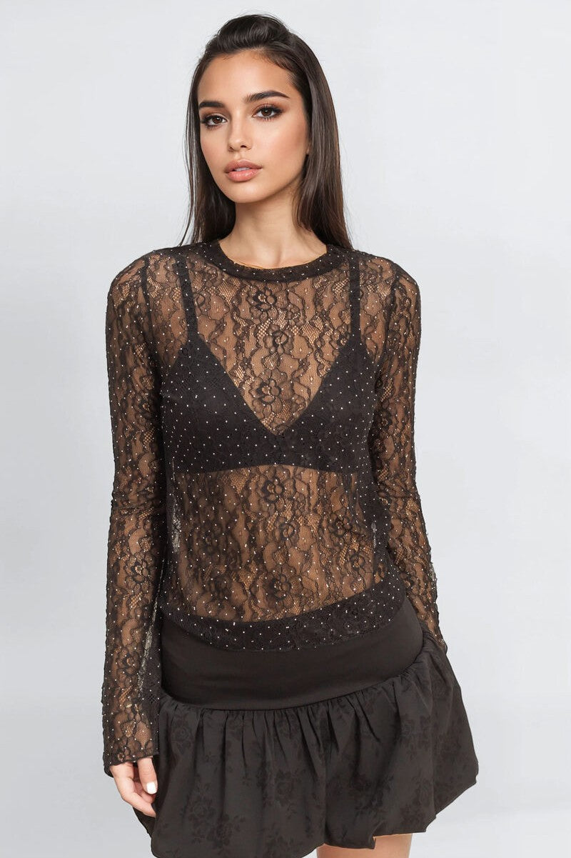 Studded Sheer Lace Long-Sleeve Top - Image 2