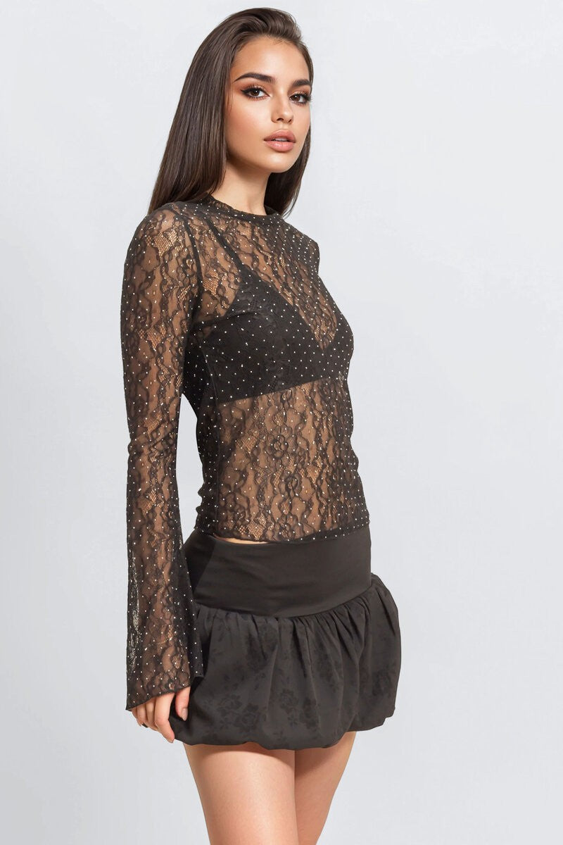 Studded Sheer Lace Long-Sleeve Top - Image 3