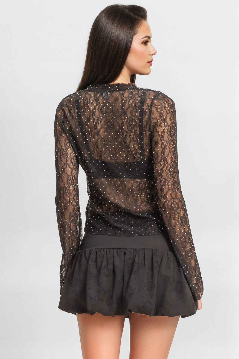Studded Sheer Lace Long-Sleeve Top - Image 4