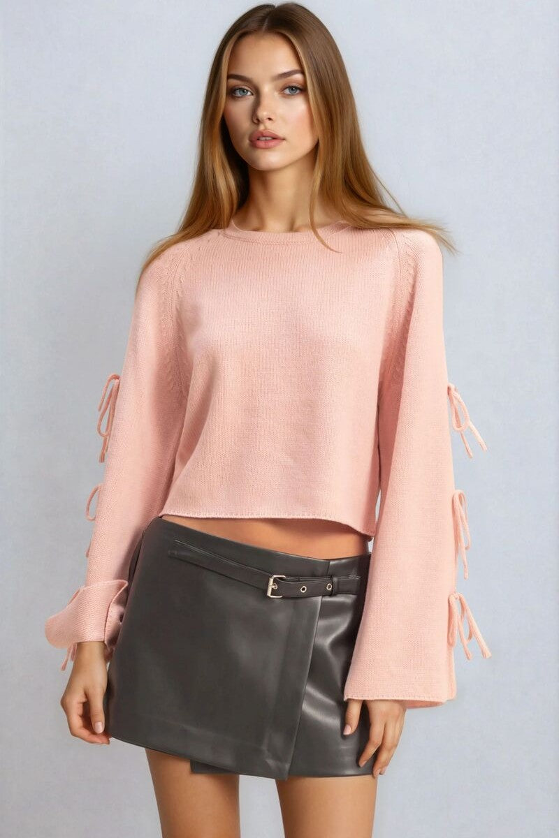 Tie-Sleeve Cropped Sweater Top - Image 2