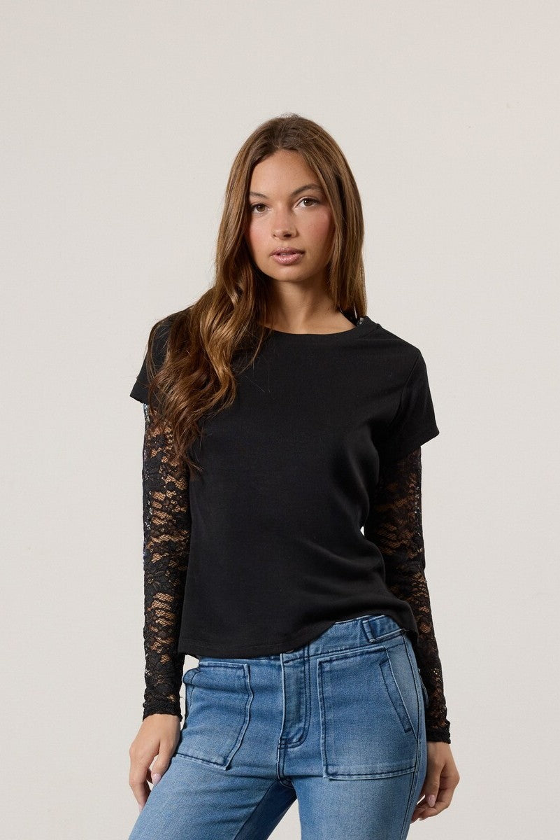 Layered Sheer Lace Long-Sleeve Tee