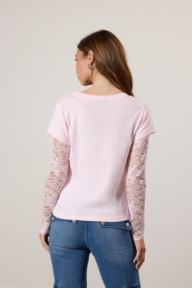 Layered Sheer Lace Long-Sleeve Tee - Image 5