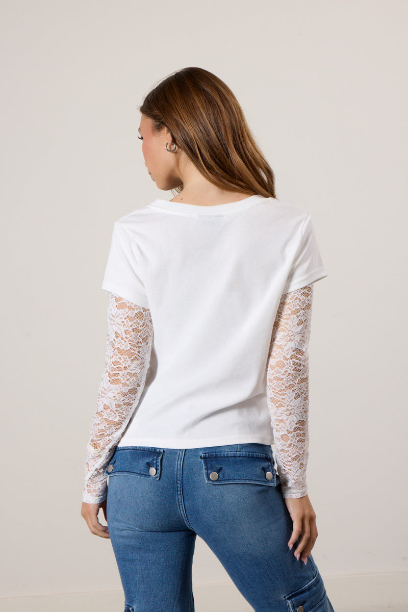 Layered Sheer Lace Long-Sleeve Tee - Image 8