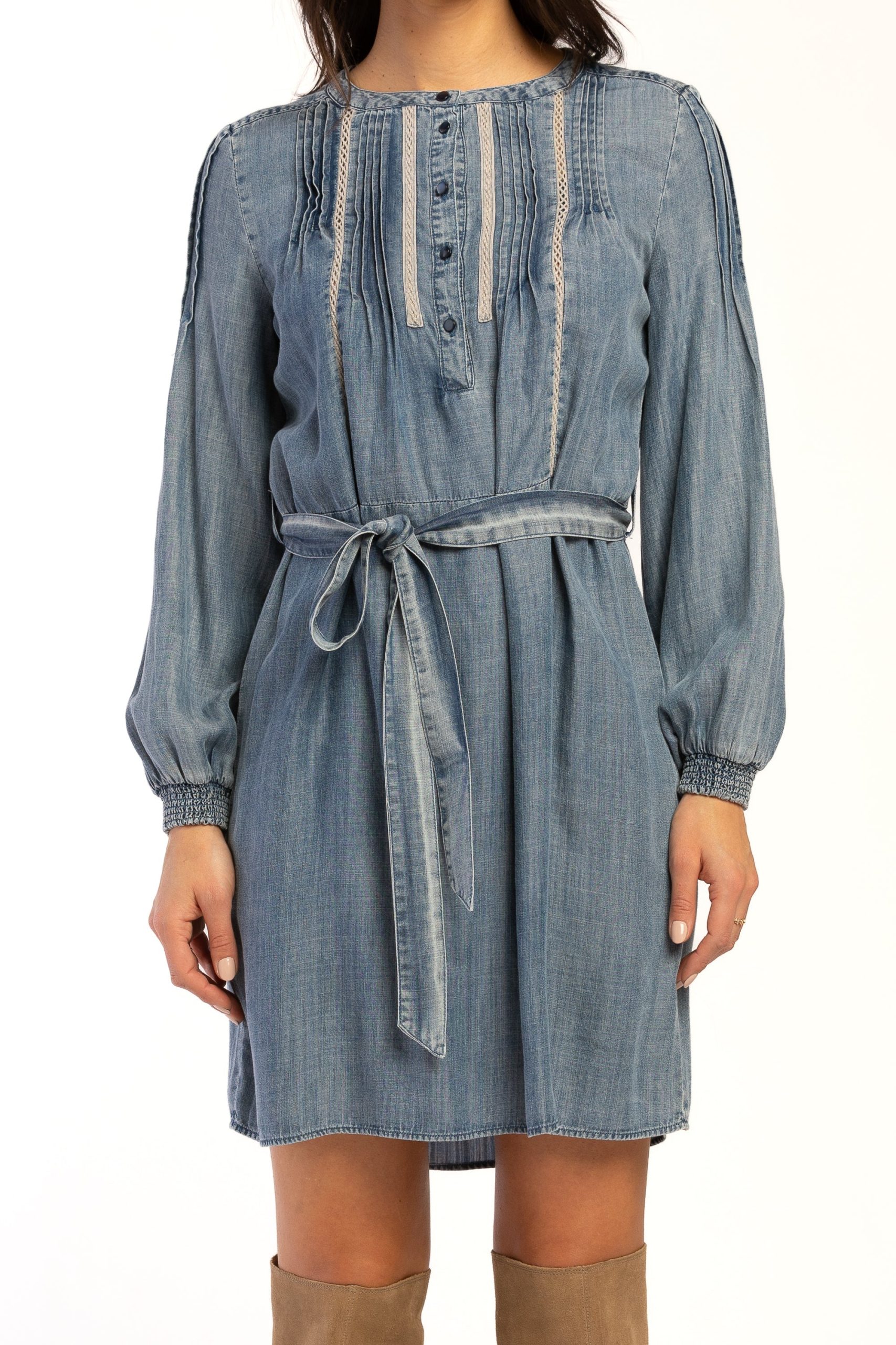 Evie Long Sleeve Smocked Cuff. Banded Collar. Half Button Pop Over Dress