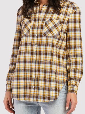 Long Sleeve Button Down Shirt. Chest Patch Pockets Shirred Shoulder Detail