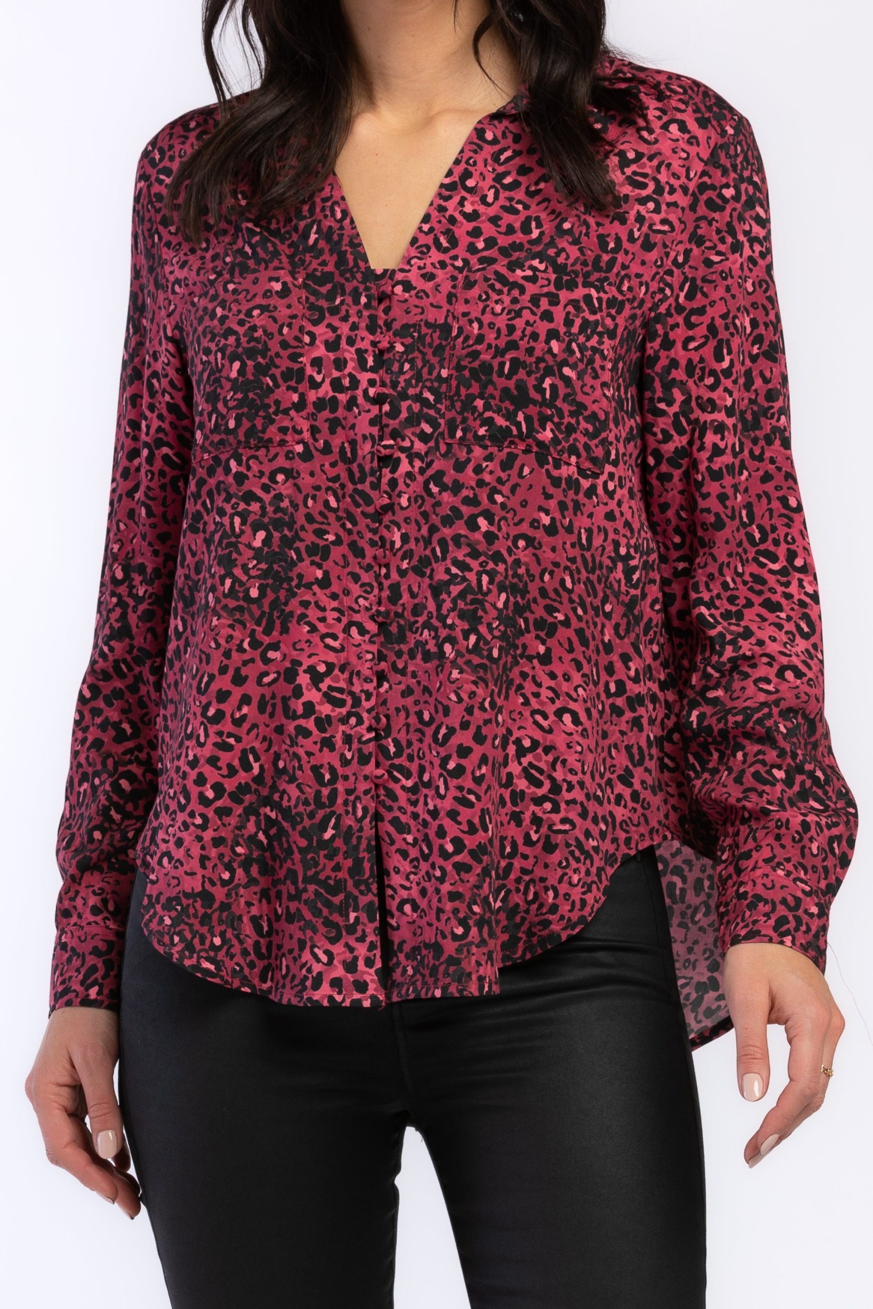 Eleni Long Sleeve Loop Button Down Closure Chest Patch Pockets Rounded Hem - Image 2
