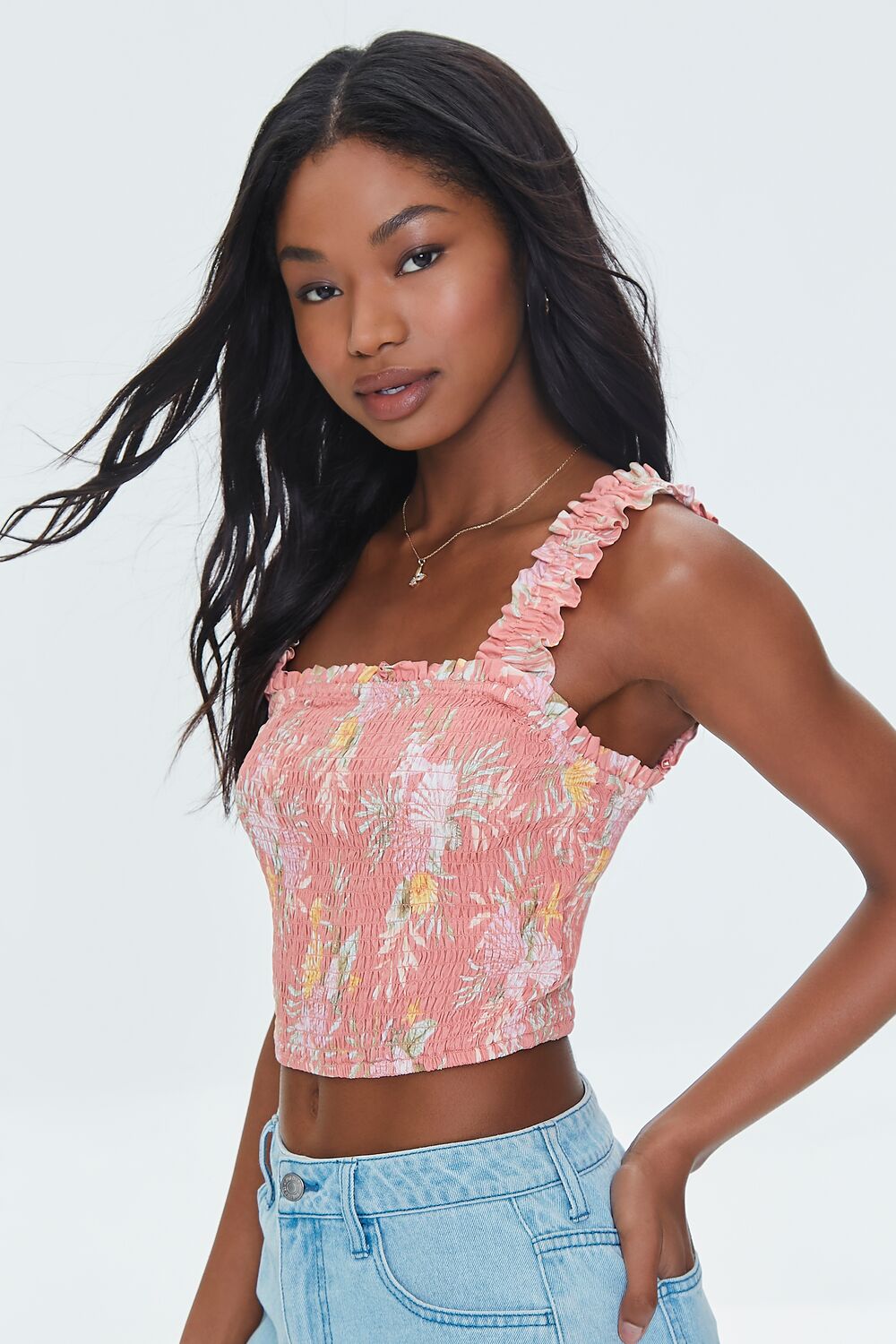 Tropical Leaf Smocked Crop Top - Image 2