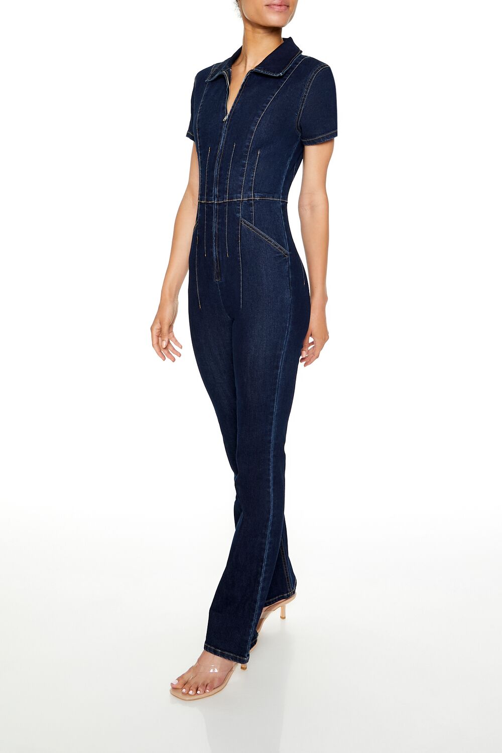 Zip-Up Denim Short-Sleeve Jumpsuit - Image 3