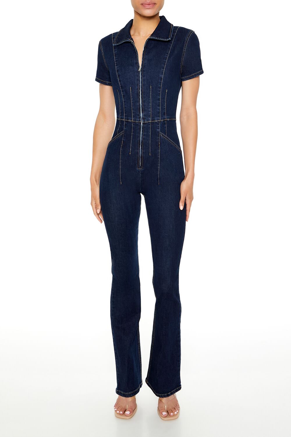 Zip-Up Denim Short-Sleeve Jumpsuit - Image 6