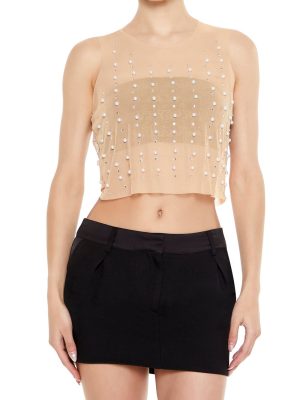 Mesh Faux Pearl Crop Top