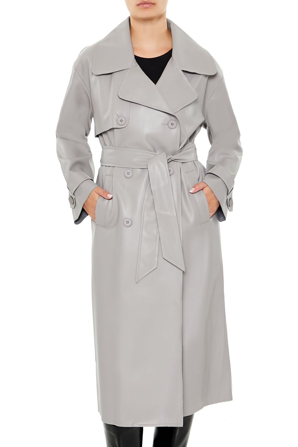 Faux Leather Notched Trench Coat - Image 2