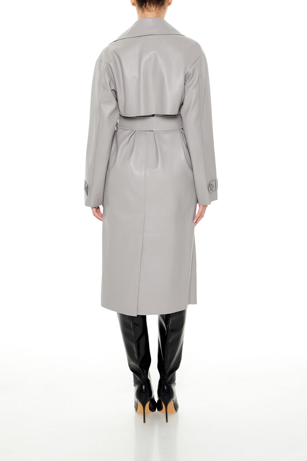 Faux Leather Notched Trench Coat - Image 4