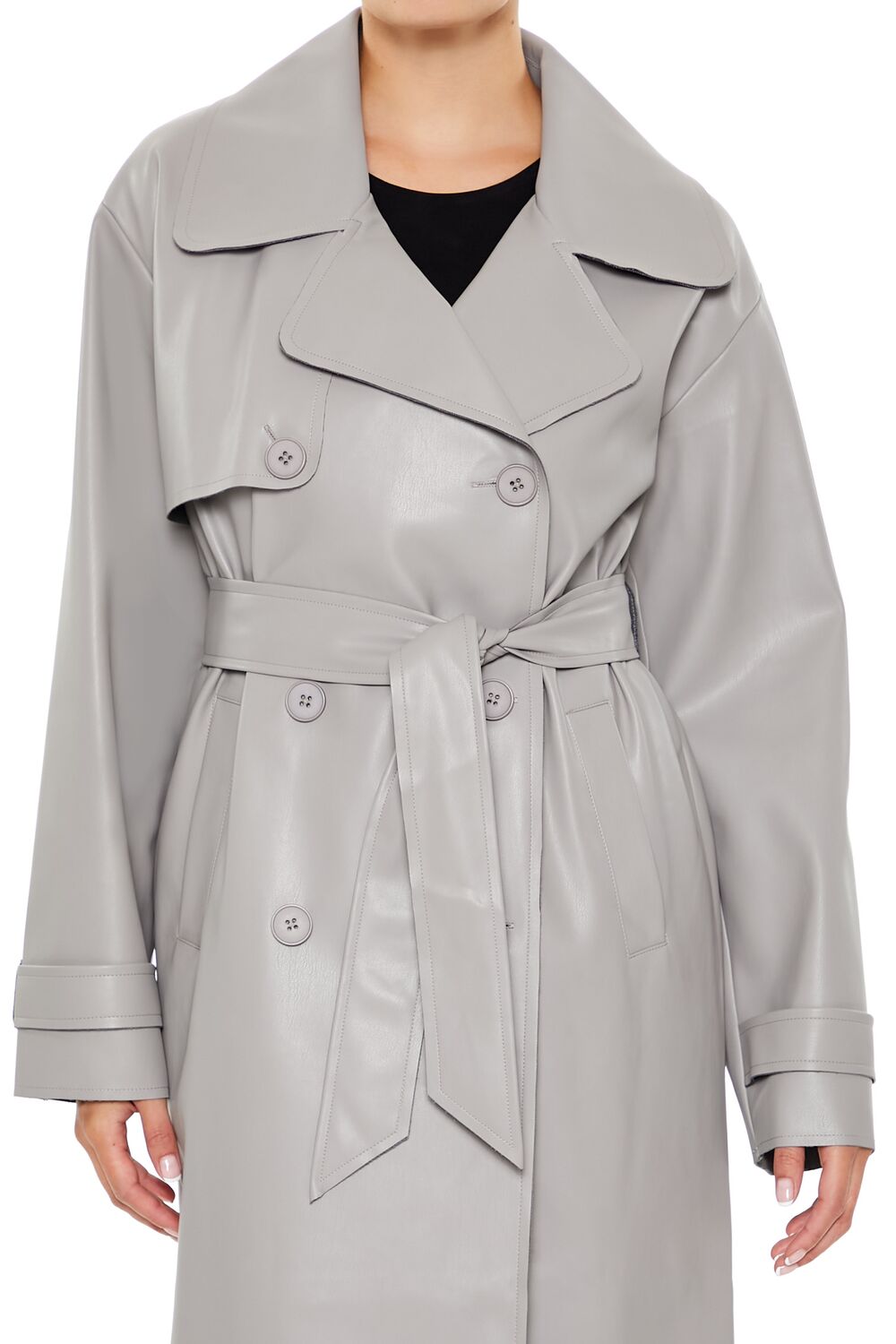 Faux Leather Notched Trench Coat - Image 5