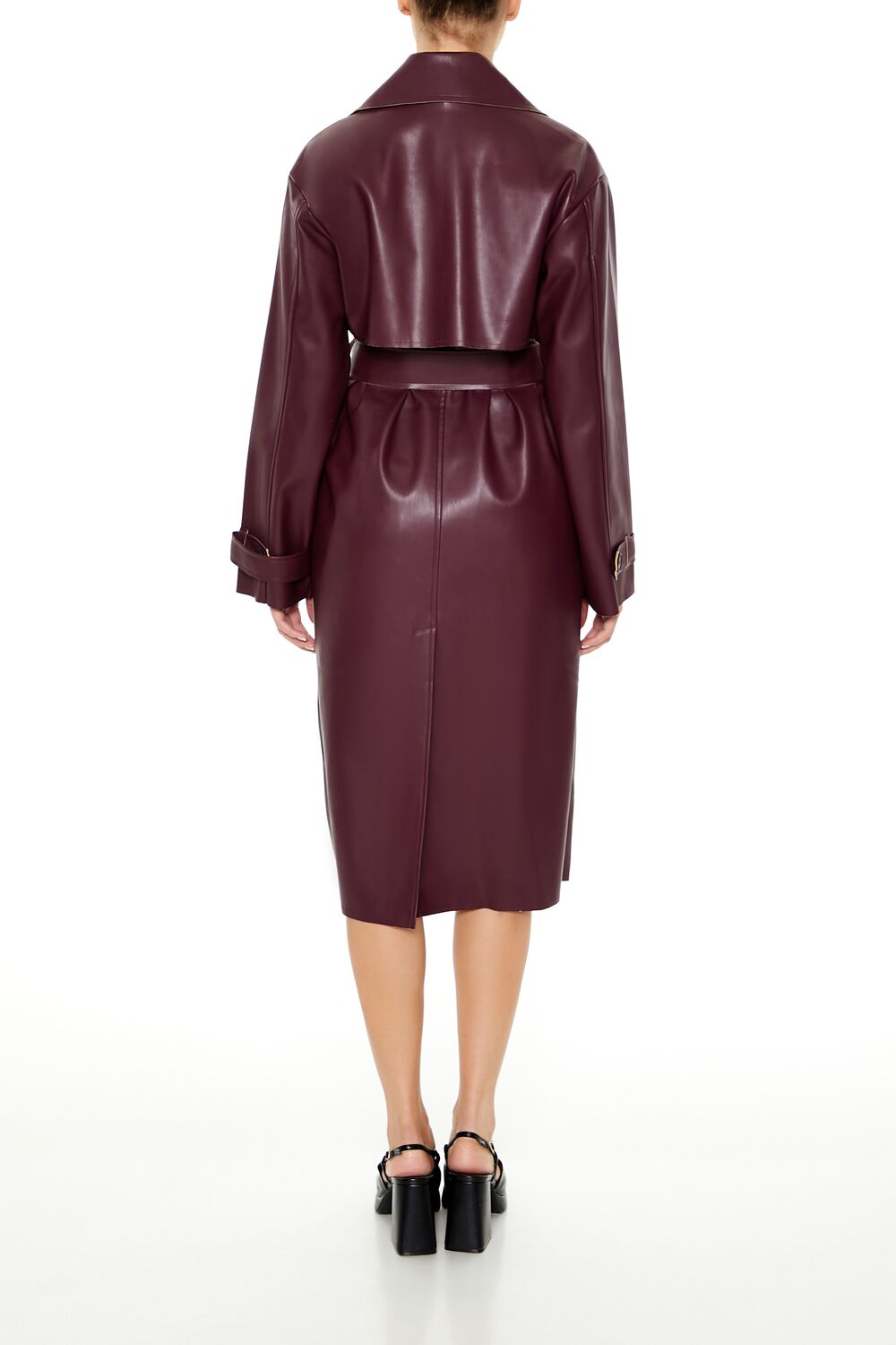 Faux Leather Notched Trench Coat - Image 9
