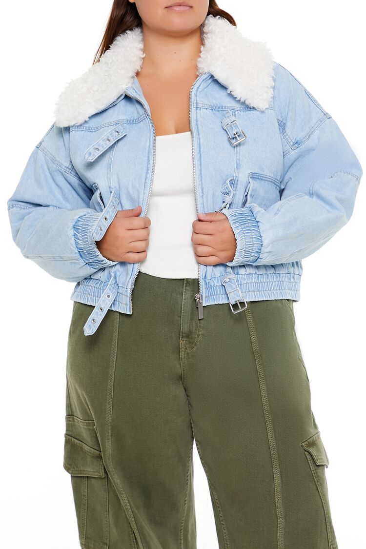 Plus Size Faux Shearling Denim Jacket - Image 5