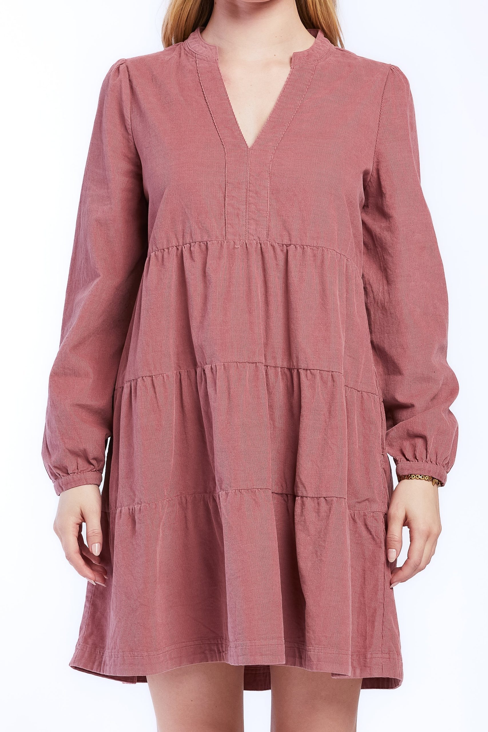 Sherin Long Sleeve With Slight Shoulder Shirring V Neck Banded Collar Three Tier Baby Doll Dress Side Seam Pockets - Image 2