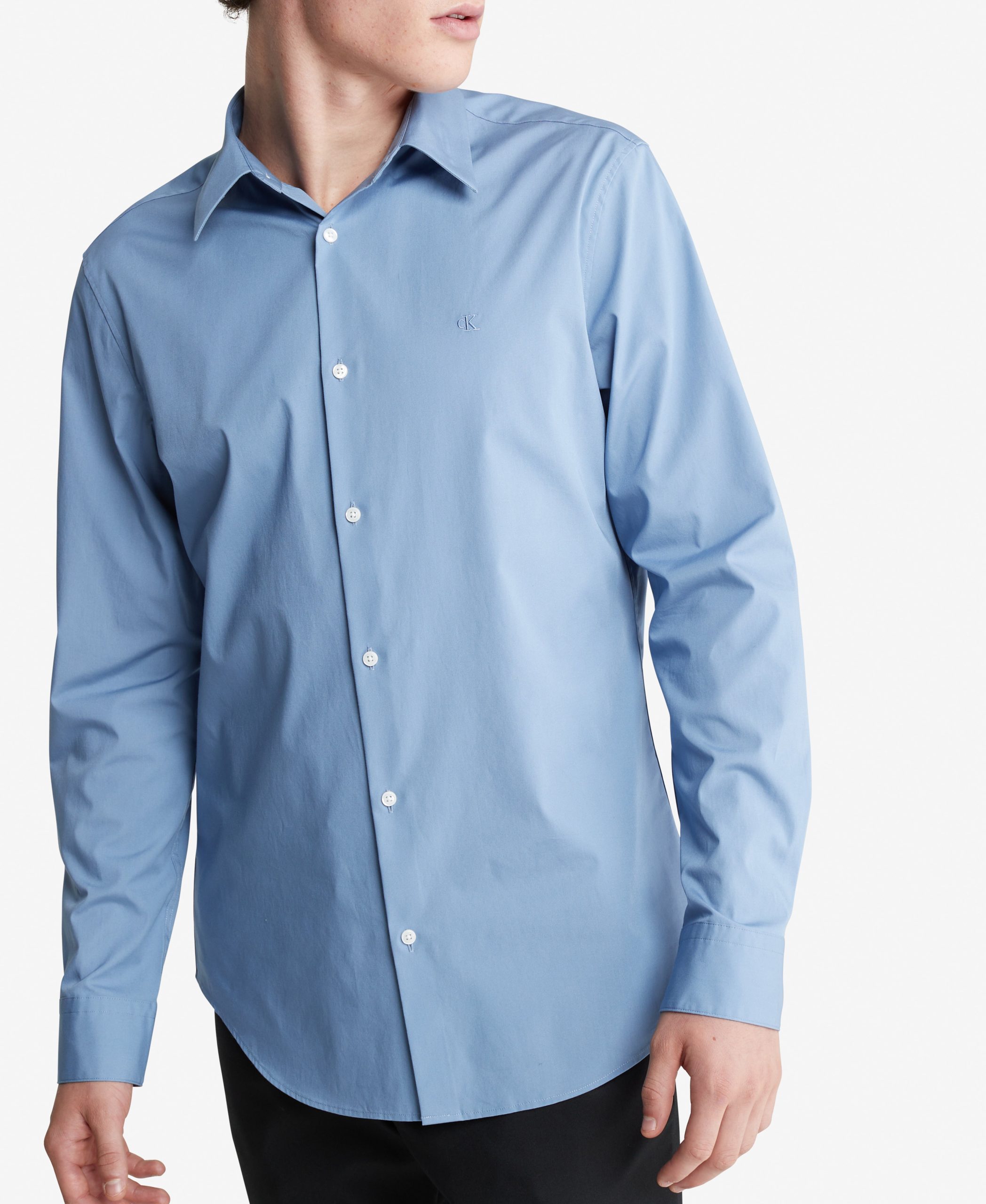 Long Sleeve Solid Stretch Slim Woven Shirt Blue - Image 5