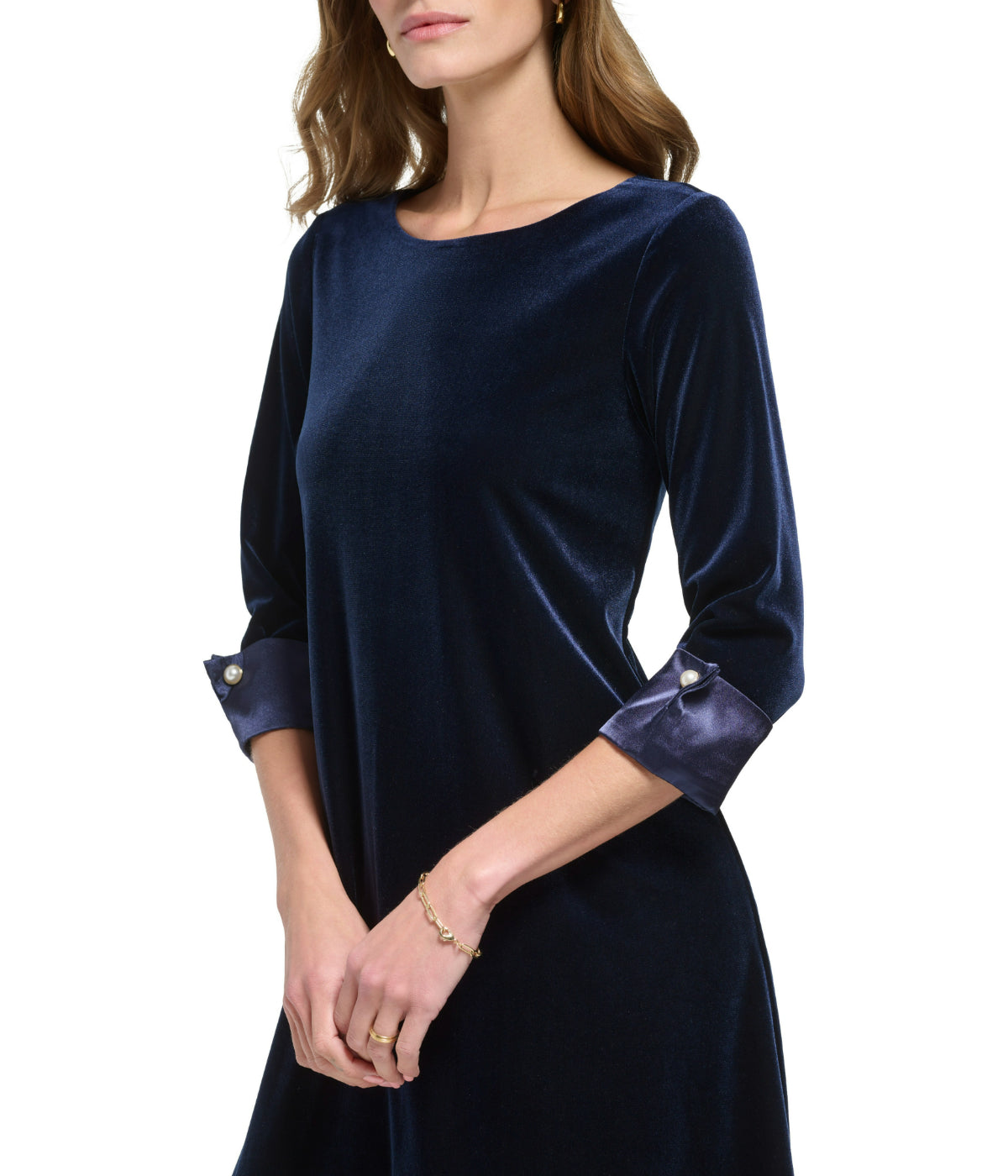 1 Pc 3/4 Cuff Sleeve Trap Velvet/Satin Dress Navy - Image 4
